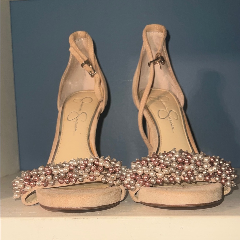 Jessica Simpson Blush Pearl-Embellished Ankle Strap Heels